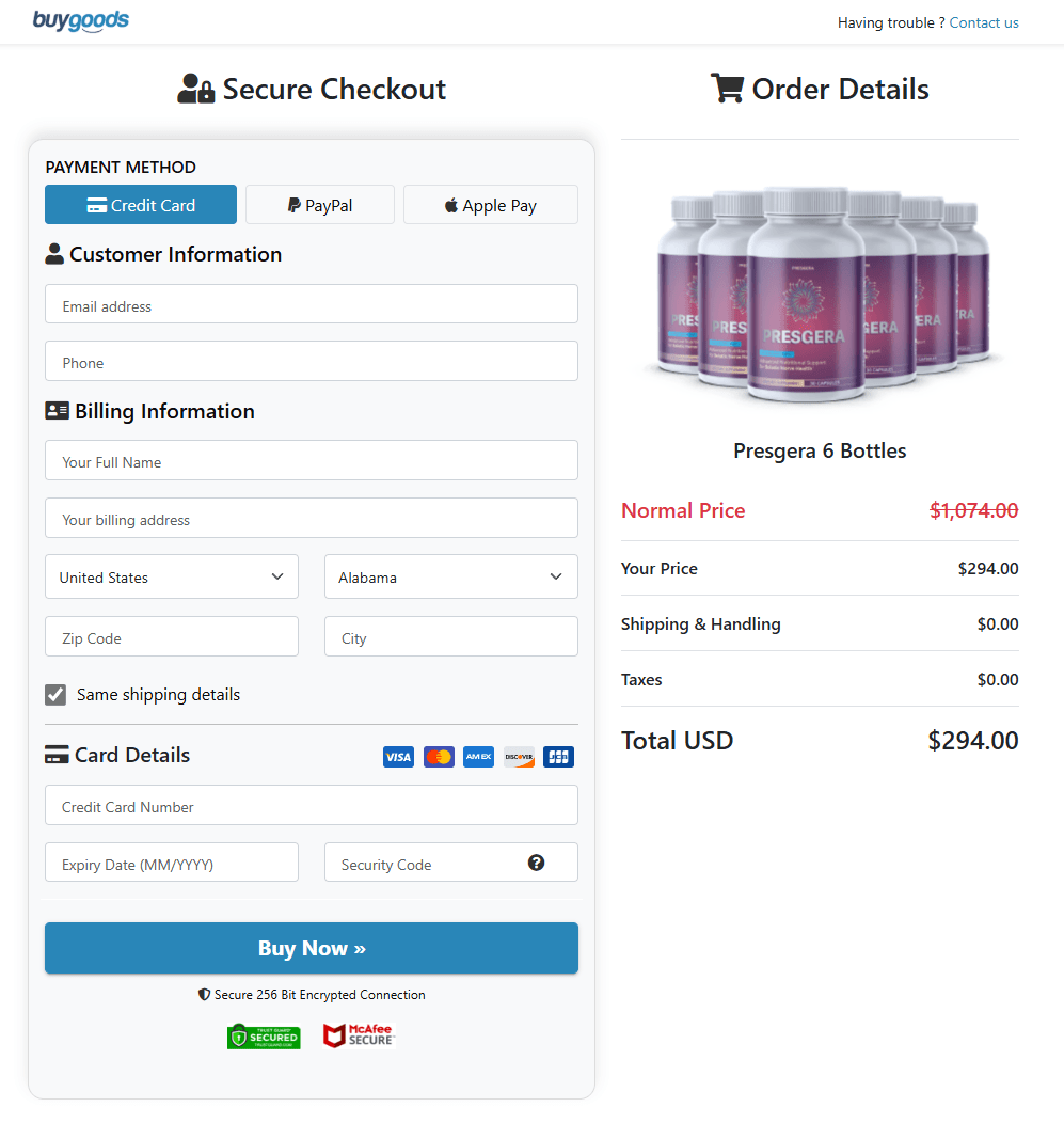 Presgera official order page